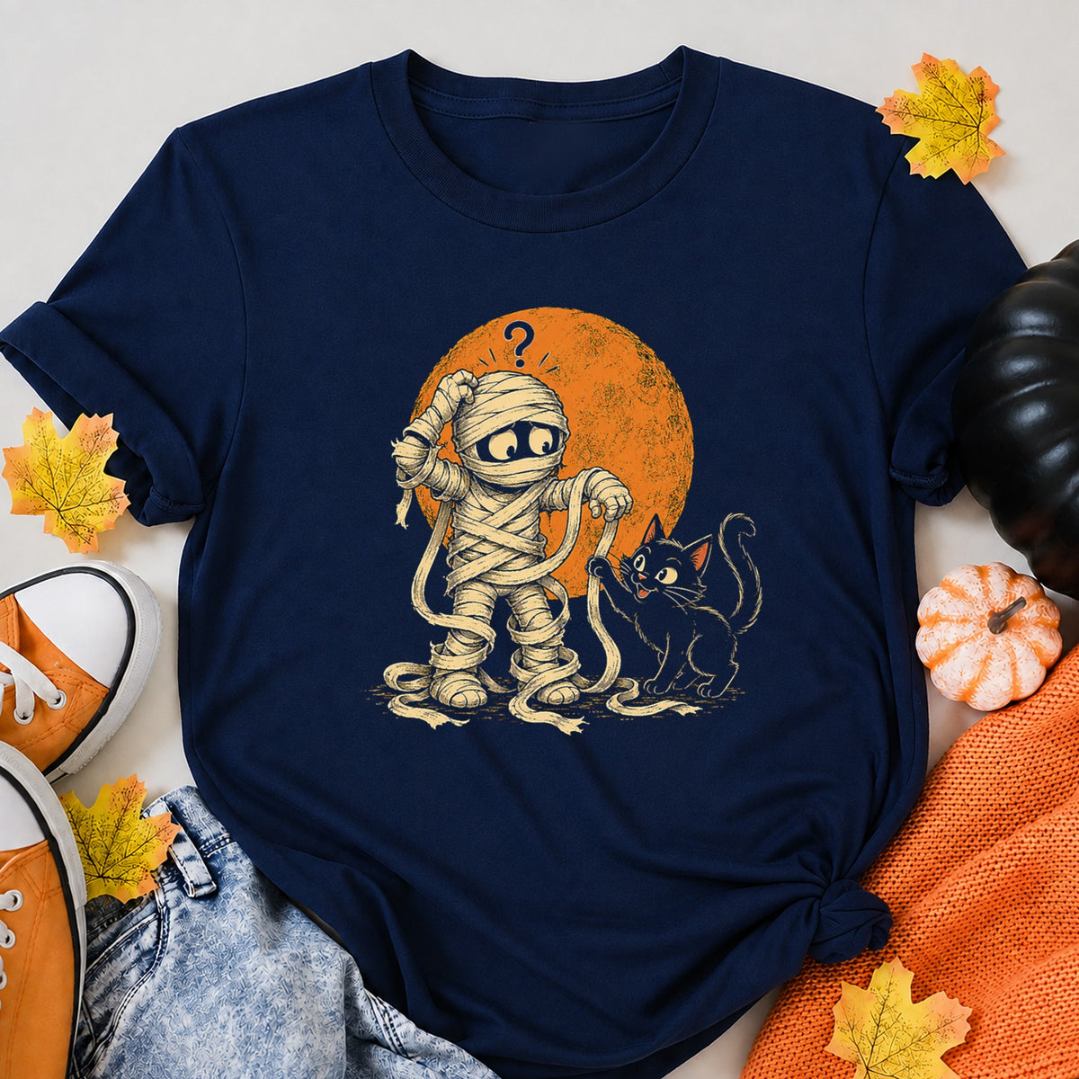 Unwrapped Mummy Cute Halloween Mummy Black Cat Art Halloween Shirt in Navy – alternate view