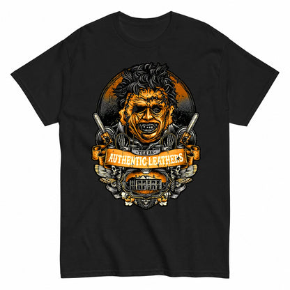 Vintage Chainsaw Slasher Badge Dark Crest Art Halloween Shirt in Black – product view