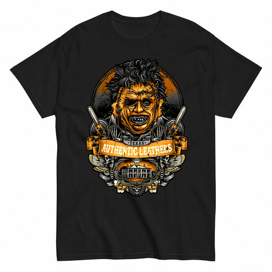 Vintage Chainsaw Slasher Badge Dark Crest Art Halloween Shirt in Black – product view