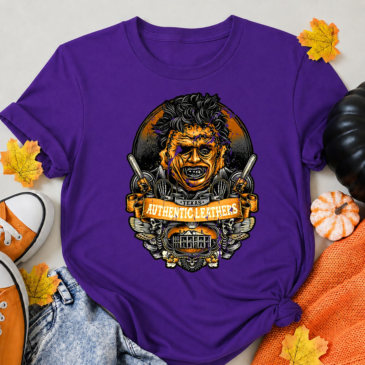 Vintage Chainsaw Slasher Badge Dark Crest Art Halloween Shirt in Blue – alternate view
