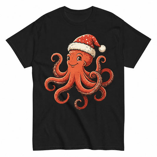 Vintage Christmas Octopus With Santa Hat T-Shirt - product view 1