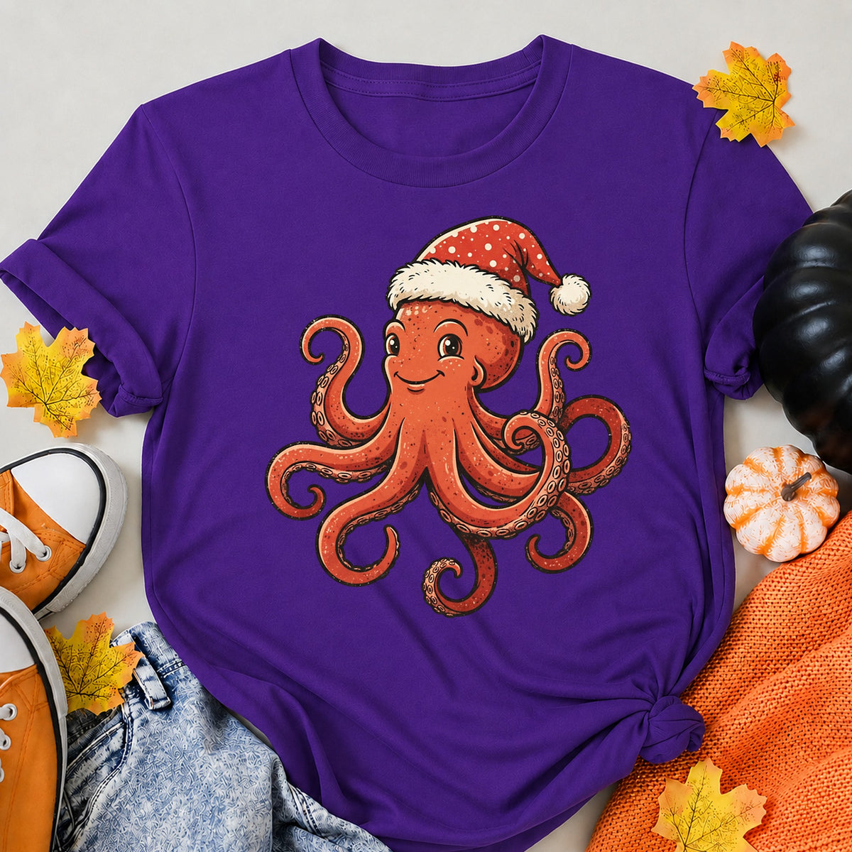 Vintage Christmas Octopus With Santa Hat T-Shirt - product view 6