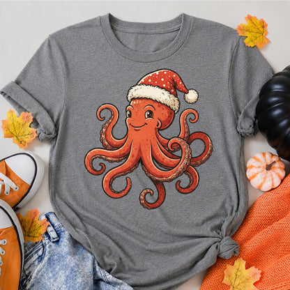 Vintage Christmas Octopus With Santa Hat T-Shirt - product view 7