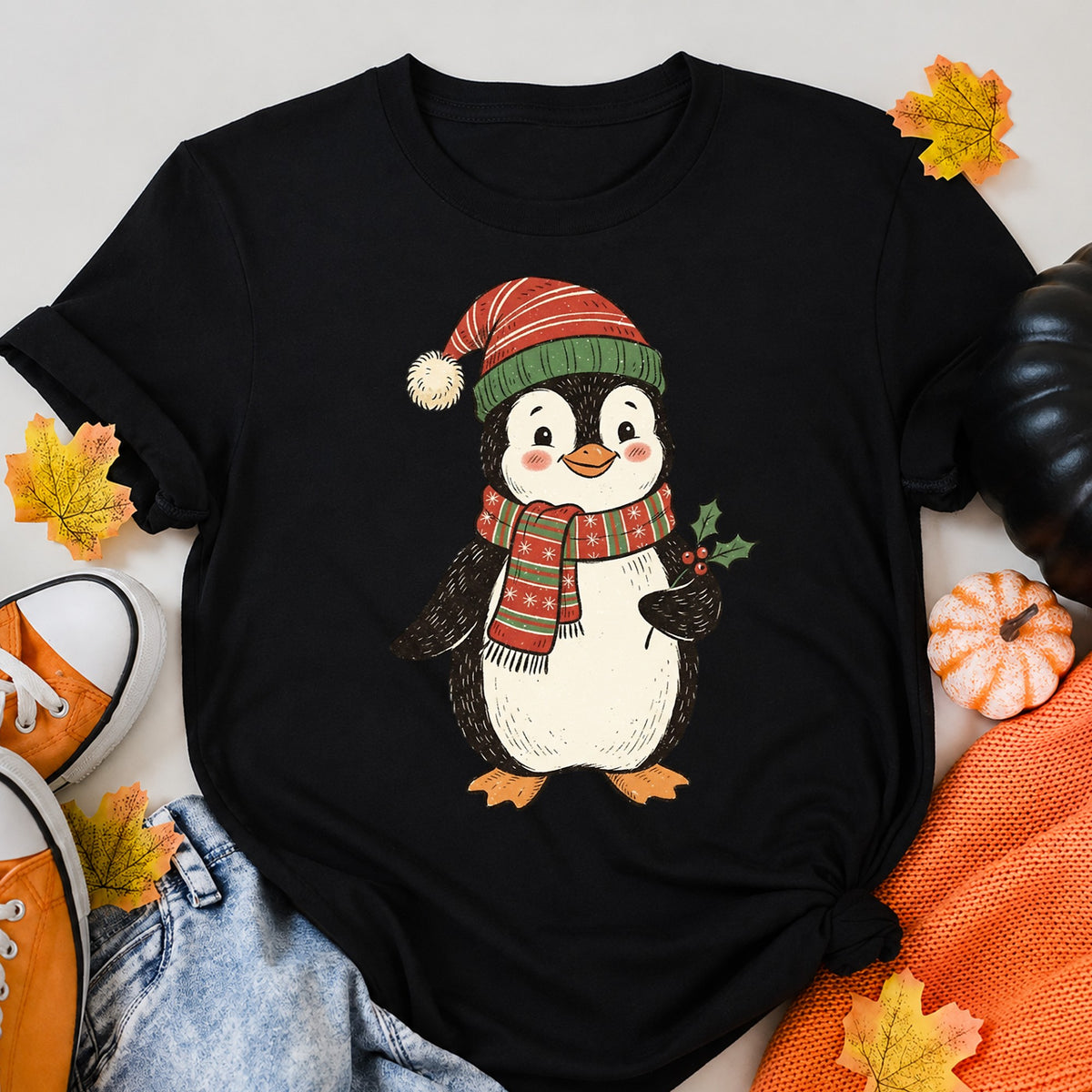 Vintage Christmas Penguin With Santa Hat T-Shirt - product view 5