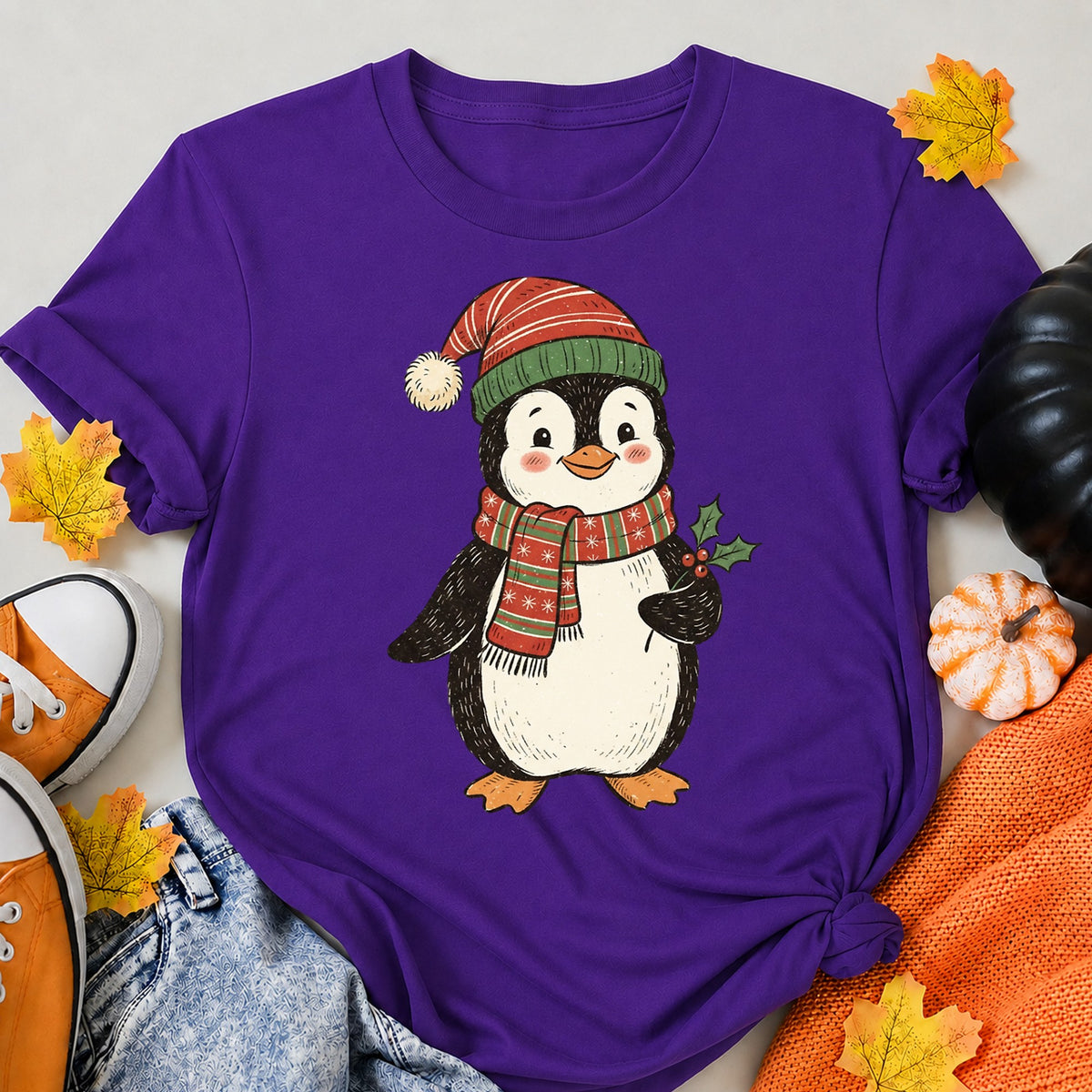Vintage Christmas Penguin With Santa Hat T-Shirt - product view 6