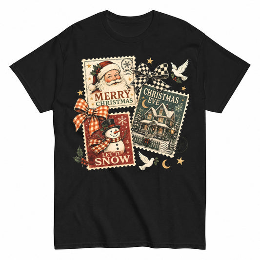 Vintage Christmas Postcard Merry Christmas Santa Snowman Eve Winter Christmas T-Shirt - product view 1