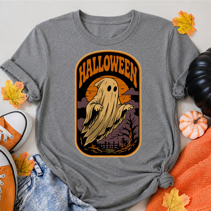 Vintage Halloween Ghost T-Shirt Spooky Haunted Graveyard Retro Design Halloween Shirt in Grey – alternate view