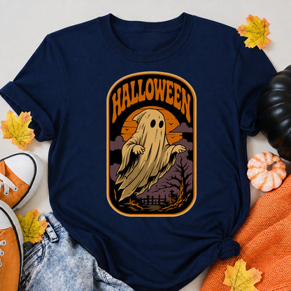 Vintage Halloween Ghost T-Shirt Spooky Haunted Graveyard Retro Design Halloween Shirt in Navy – alternate view