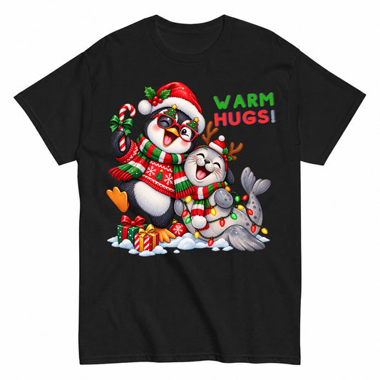Warm Hugs Cute Christmas Penguin And Baby Seal T-Shirt - product view 1