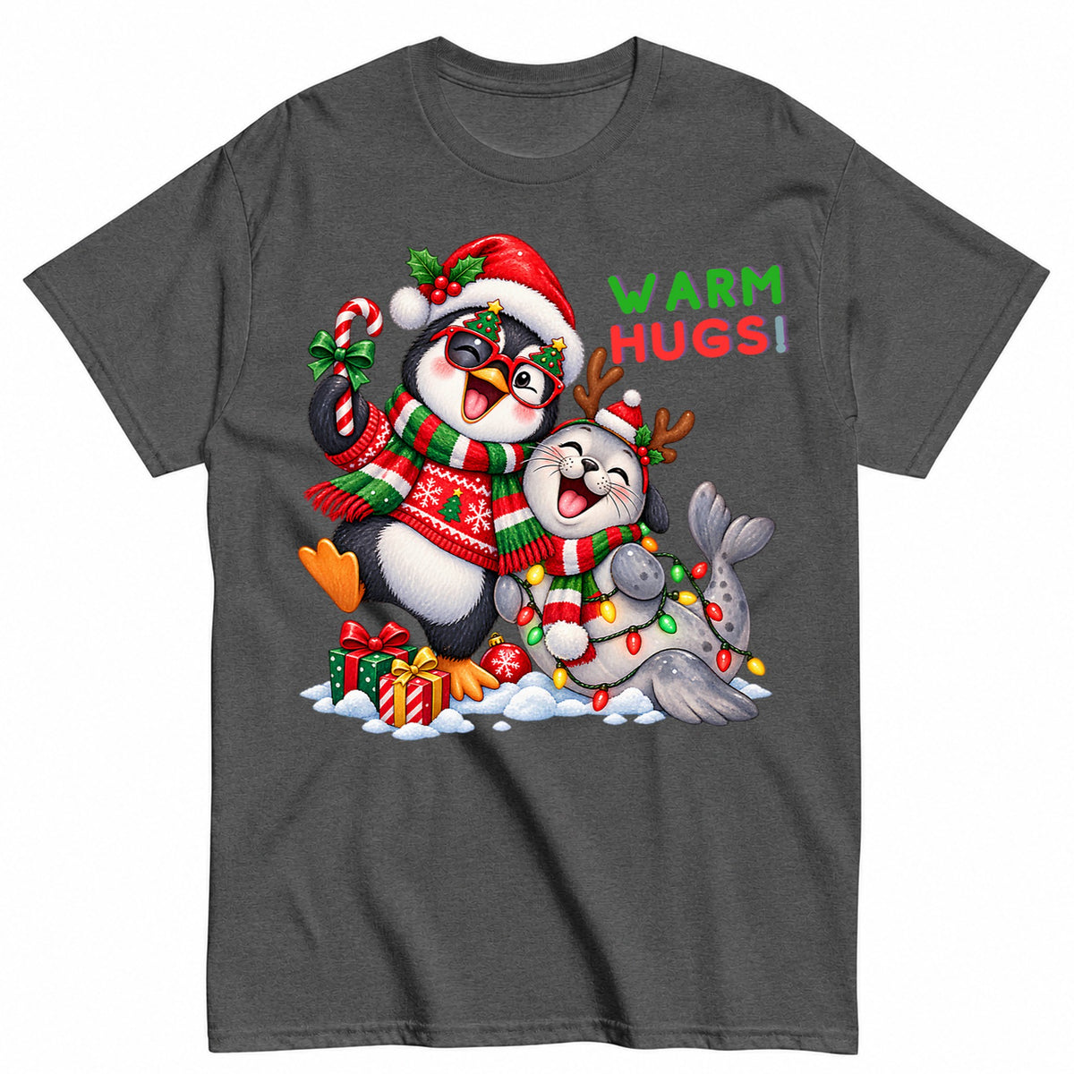Warm Hugs Cute Christmas Penguin And Baby Seal T-Shirt - product view 3