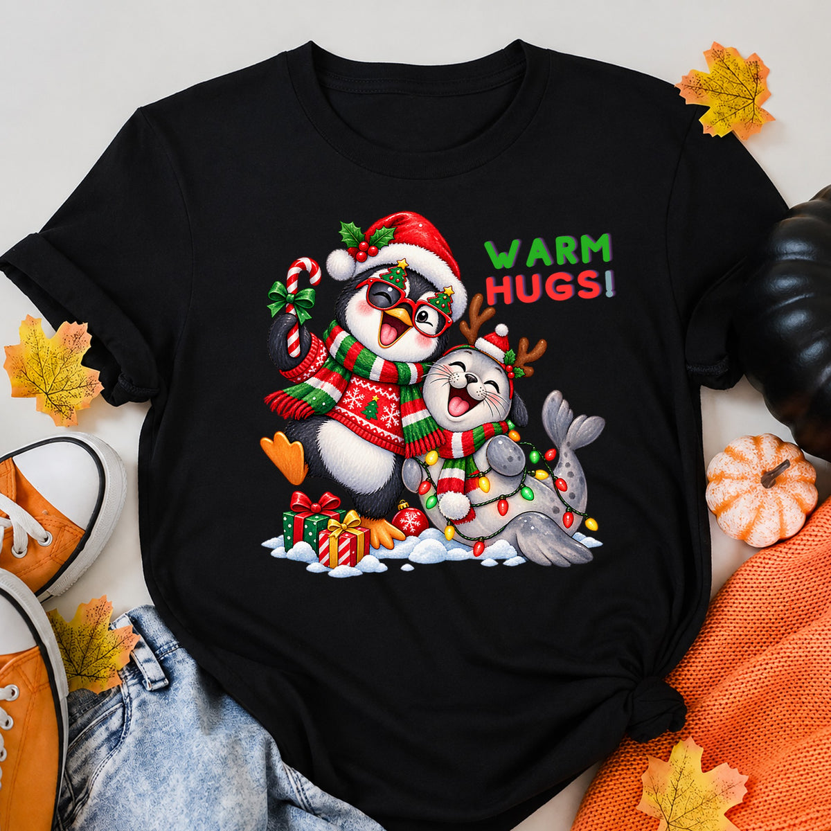 Warm Hugs Cute Christmas Penguin And Baby Seal T-Shirt - product view 5