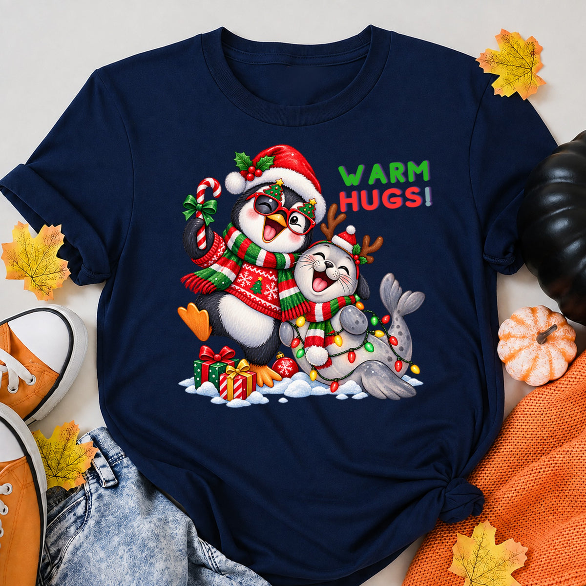 Warm Hugs Cute Christmas Penguin And Baby Seal T-Shirt - product view 8