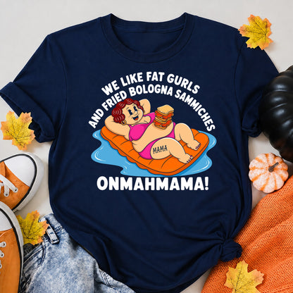 We Like Fat Gurls And Fried Bologna Sammiches Onmahmama Halloween Shirt in Navy – alternate view