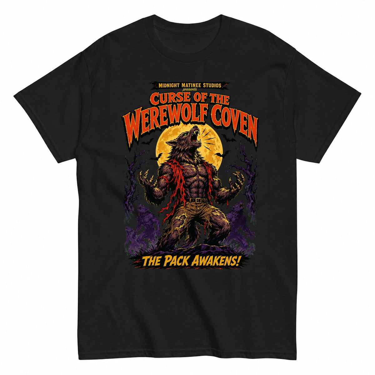 Werewolf Horror Retro Pulp Monster Halloween Shirt in Black – product view