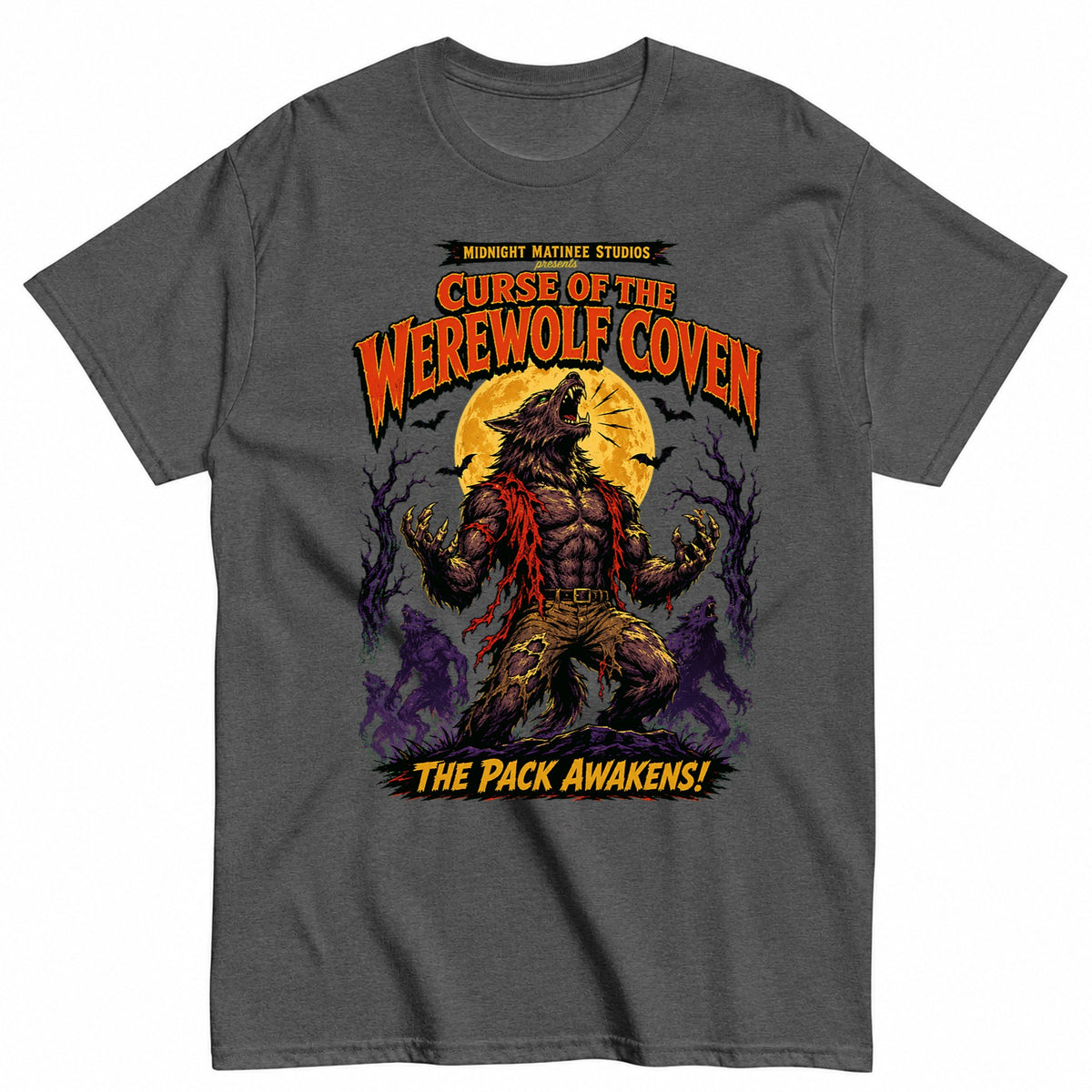 Werewolf Horror Retro Pulp Monster Halloween Shirt in Grey – product view
