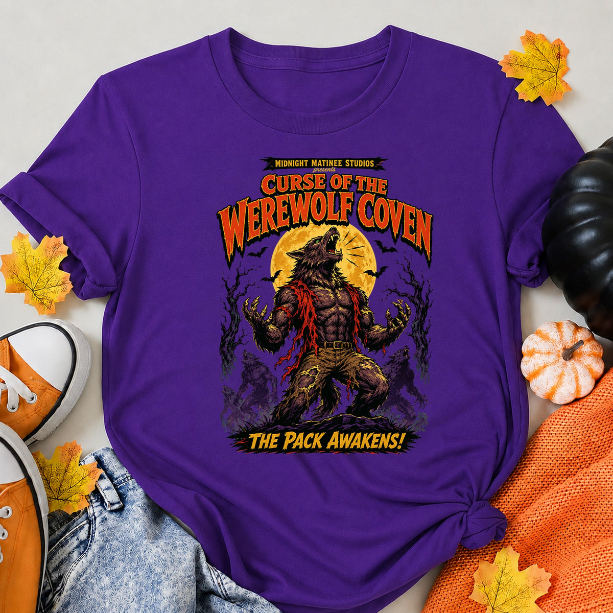 Werewolf Horror Retro Pulp Monster Halloween Shirt in Blue – alternate view