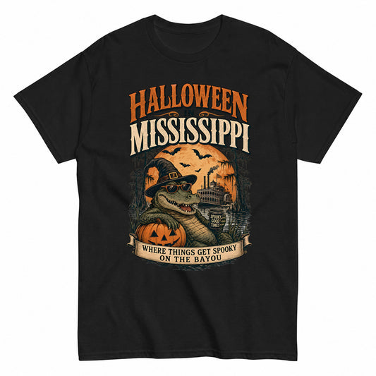 Where Things Get Spooky On The Bayou - Halloween In Mississippi Halloween Shirt in Black – product view