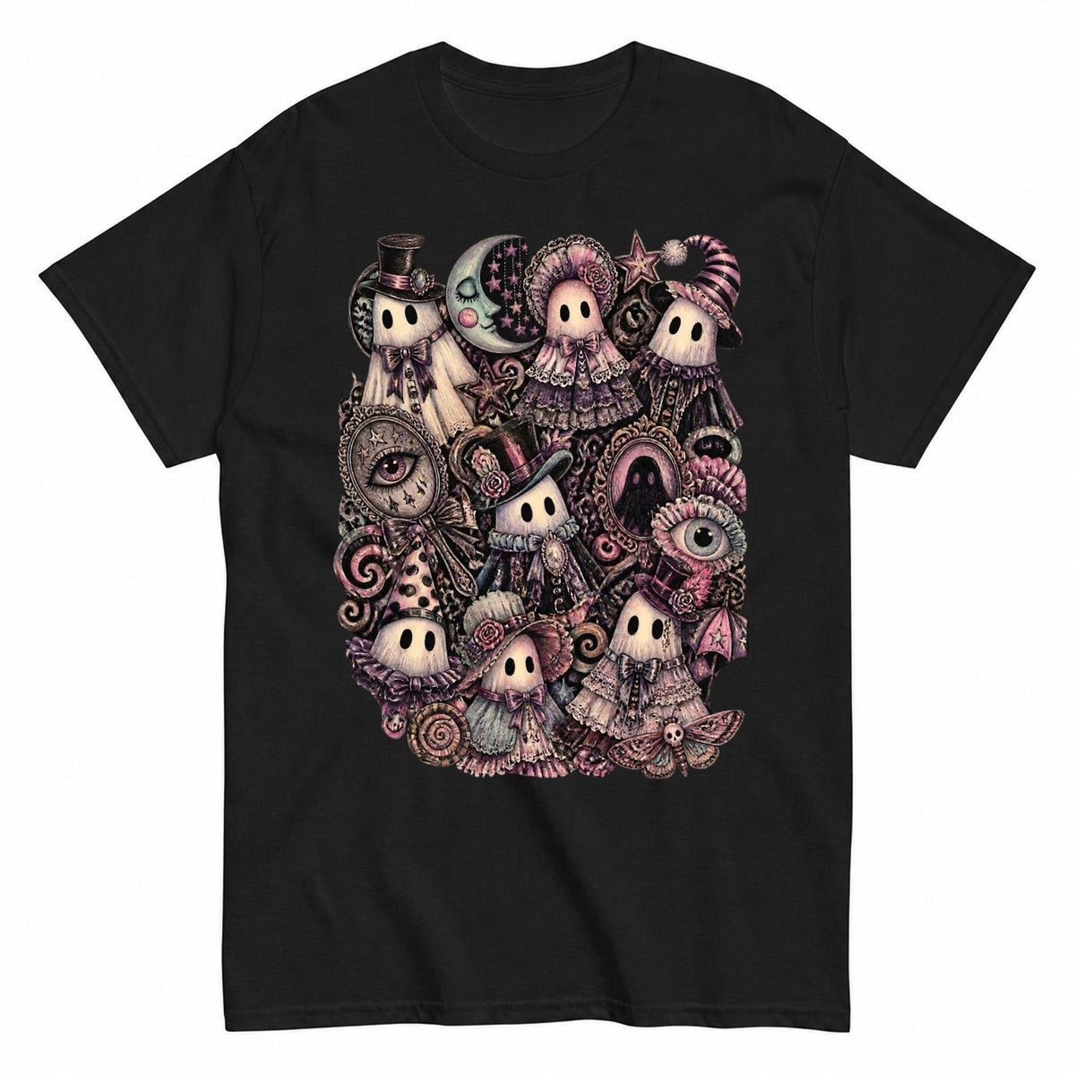 Whimsigoth Ghost Gathering Collage Halloween Shirt in Black – product view