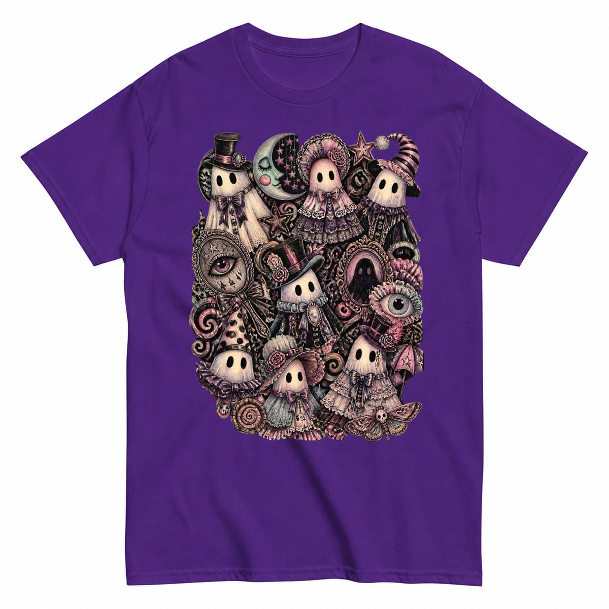 Whimsigoth Ghost Gathering Collage Halloween Shirt in Blue – product view