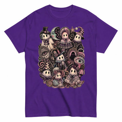 Whimsigoth Ghost Gathering Collage Halloween Shirt in Blue – product view