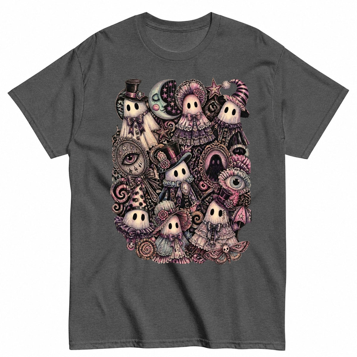 Whimsigoth Ghost Gathering Collage Halloween Shirt in Grey – product view
