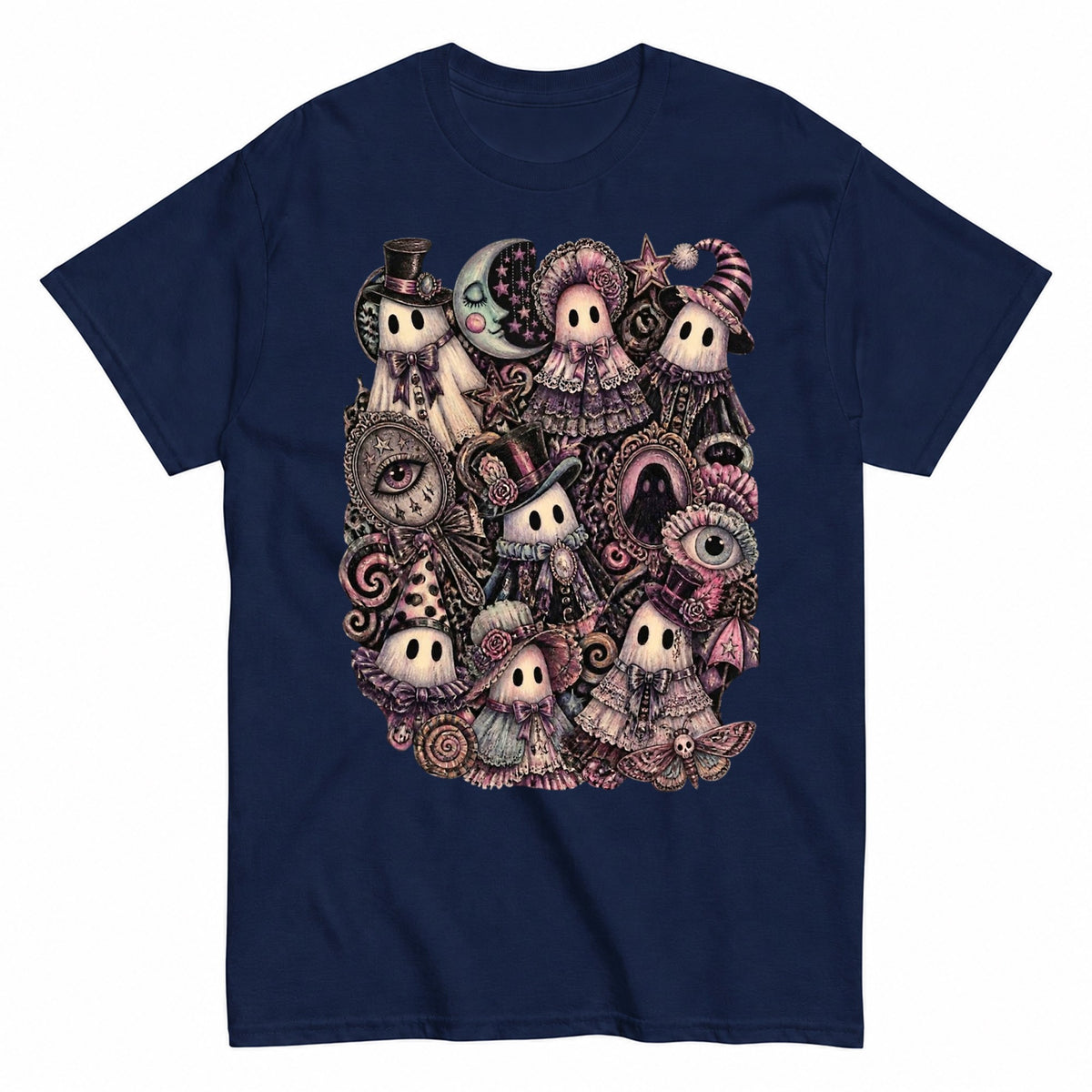 Whimsigoth Ghost Gathering Collage Halloween Shirt in Navy – product view