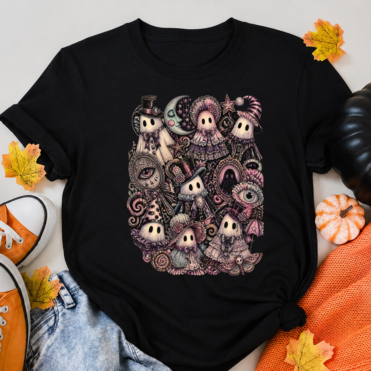 Whimsigoth Ghost Gathering Collage Halloween Shirt in Black – alternate view