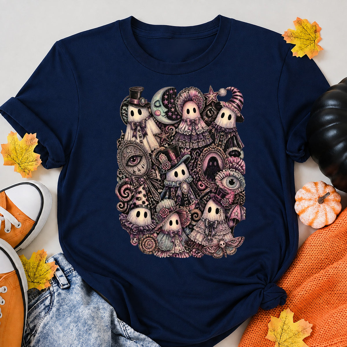 Whimsigoth Ghost Gathering Collage Halloween Shirt in Navy – alternate view