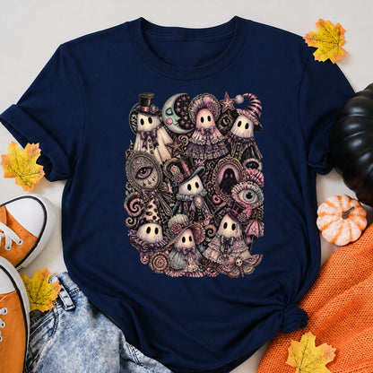 Whimsigoth Ghost Gathering Collage Halloween Shirt in Navy – alternate view