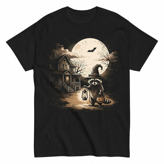 Witchy Raccoon Halloween Moonlit Night Halloween Shirt in Black – product view