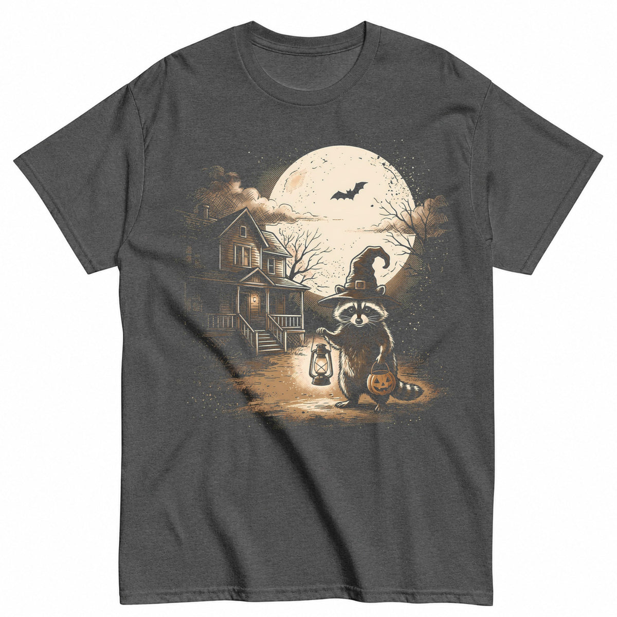 Witchy Raccoon Halloween Moonlit Night Halloween Shirt in Grey – product view