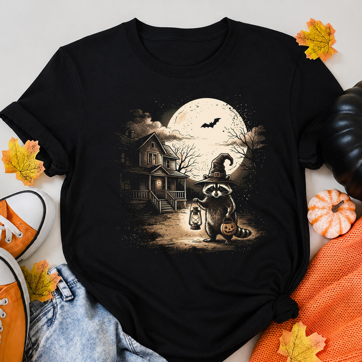 Witchy Raccoon Halloween Moonlit Night Halloween Shirt in Black – alternate view