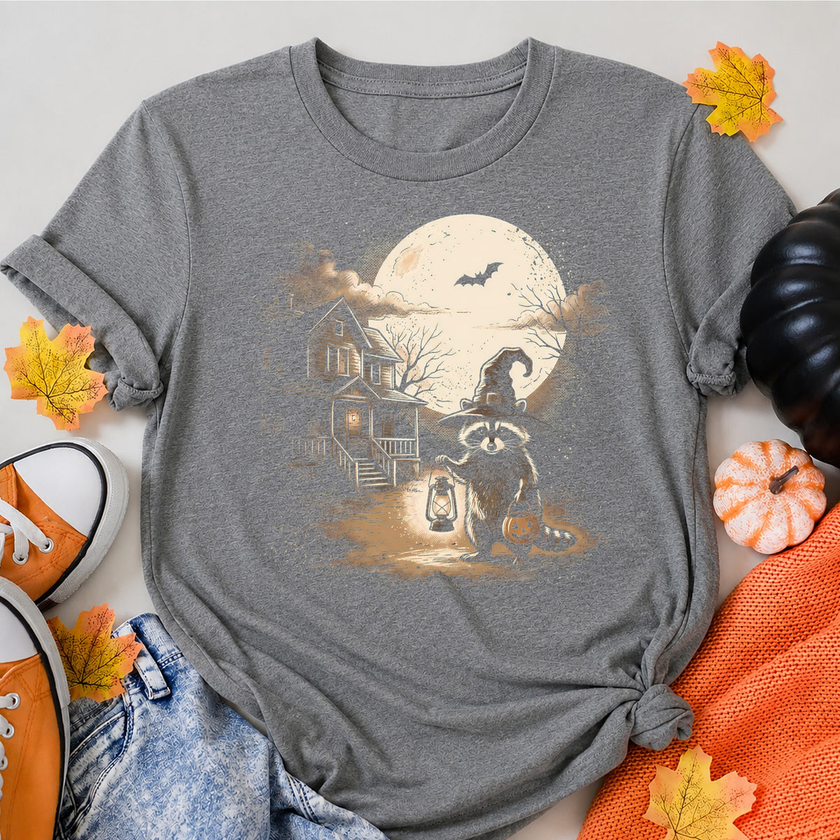Witchy Raccoon Halloween Moonlit Night Halloween Shirt in Grey – alternate view