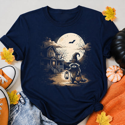 Witchy Raccoon Halloween Moonlit Night Halloween Shirt in Navy – alternate view