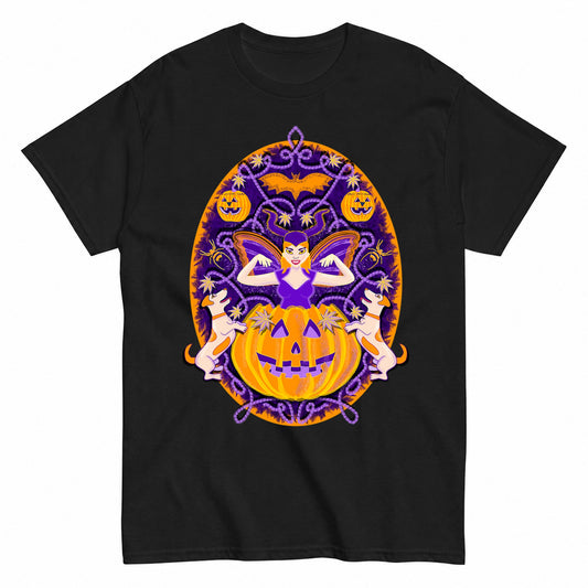 Woman Dressed As A Devil Emerging From A Pumpkin Plays With Her Dogs Purple Halloween Shirt in Black – product view