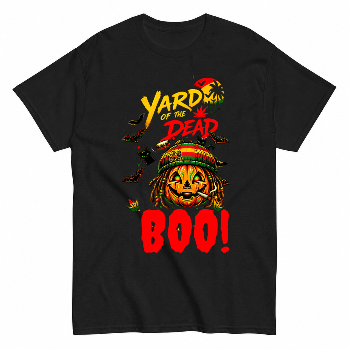 Yard Of The Dead Rastafarian Pumpkin Halloween Boo Halloween Shirt in Black – product view