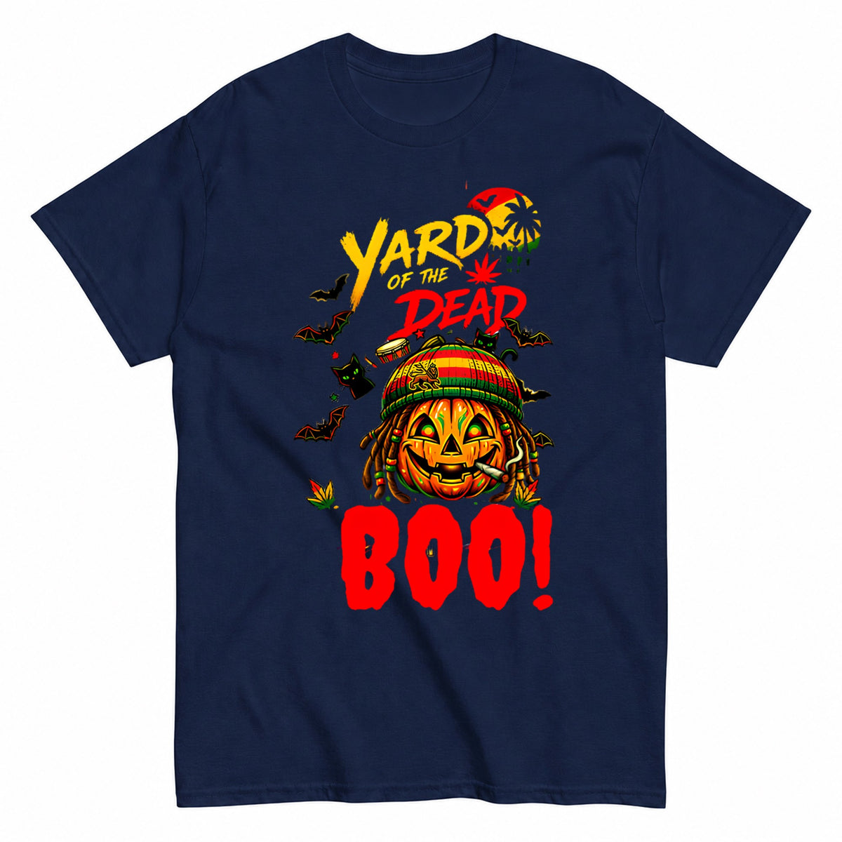 Yard Of The Dead Rastafarian Pumpkin Halloween Boo Halloween Shirt in Navy – product view