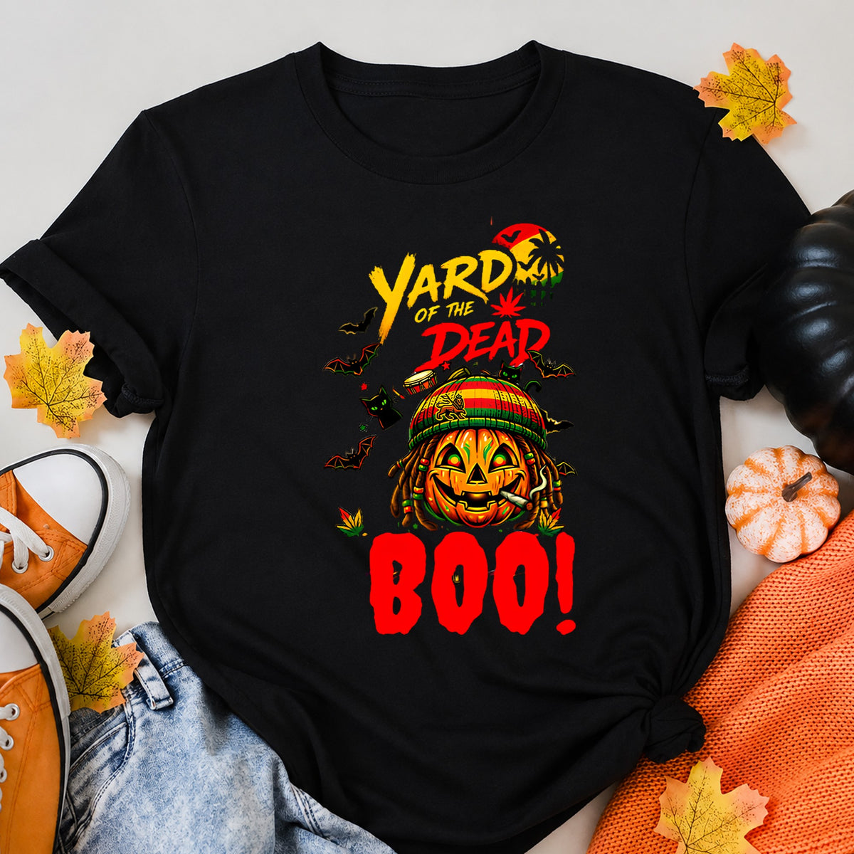 Yard Of The Dead Rastafarian Pumpkin Halloween Boo Halloween Shirt in Black – alternate view