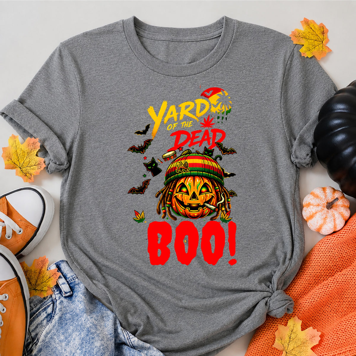 Yard Of The Dead Rastafarian Pumpkin Halloween Boo Halloween Shirt in Grey – alternate view