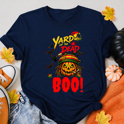 Yard Of The Dead Rastafarian Pumpkin Halloween Boo Halloween Shirt in Navy – alternate view