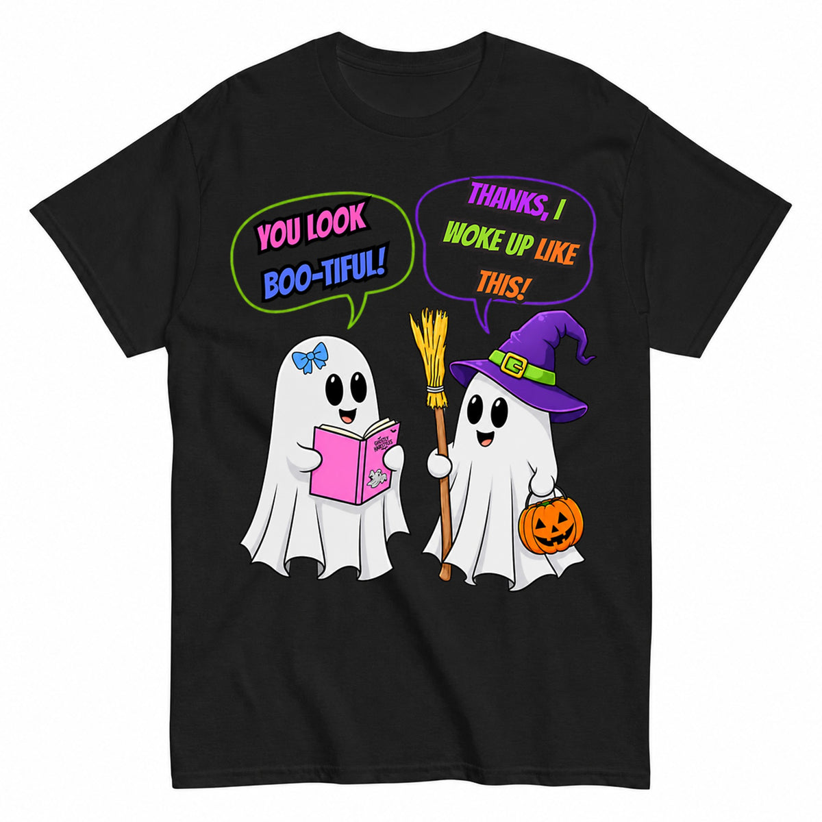 You Look Boo-Tiful Funny Ghost Conversation Halloween Shirt in Black – product view