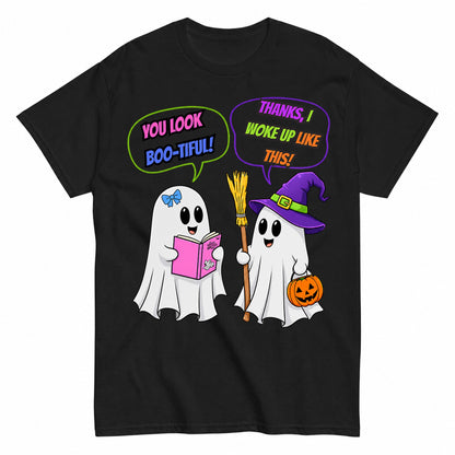You Look Boo-Tiful Funny Ghost Conversation Halloween Shirt in Black – product view