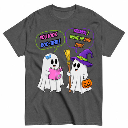 You Look Boo-Tiful Funny Ghost Conversation Halloween Shirt in Grey – product view