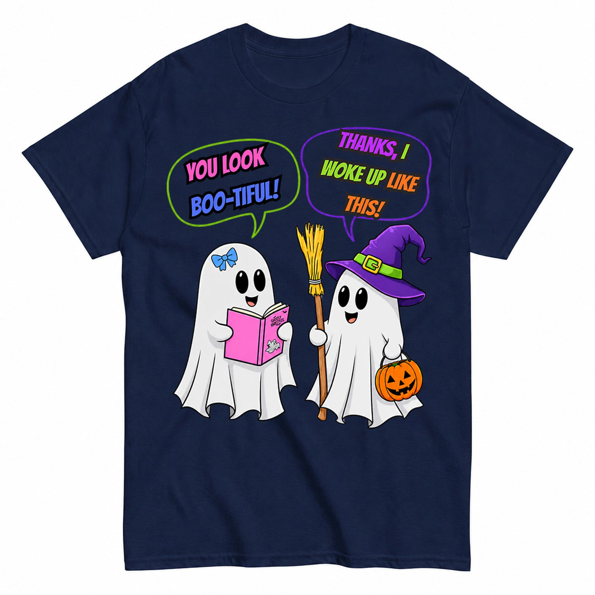 You Look Boo-Tiful Funny Ghost Conversation Halloween Shirt in Navy – product view