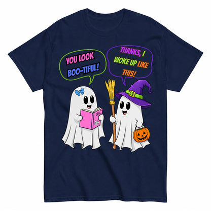 You Look Boo-Tiful Funny Ghost Conversation Halloween Shirt in Navy – product view