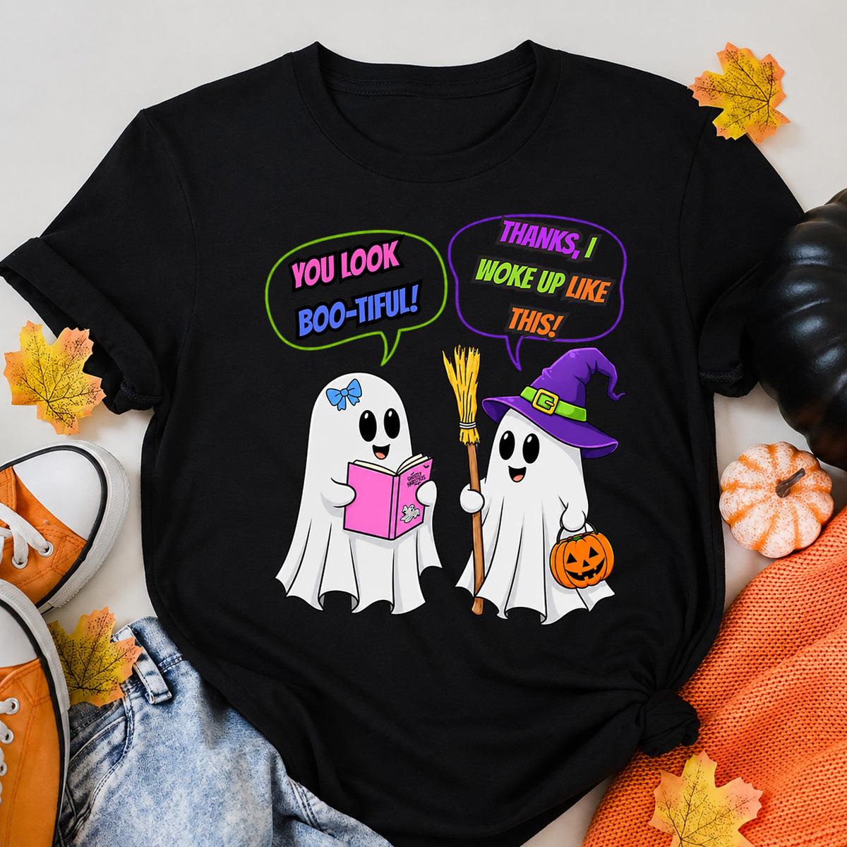 You Look Boo-Tiful Funny Ghost Conversation Halloween Shirt in Black – alternate view