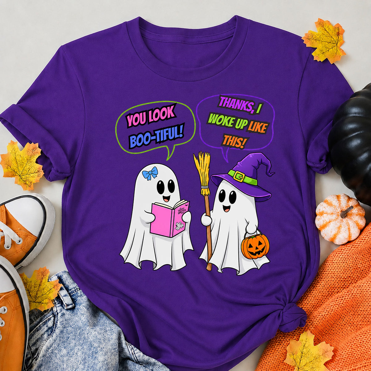You Look Boo-Tiful Funny Ghost Conversation Halloween Shirt in Blue – alternate view