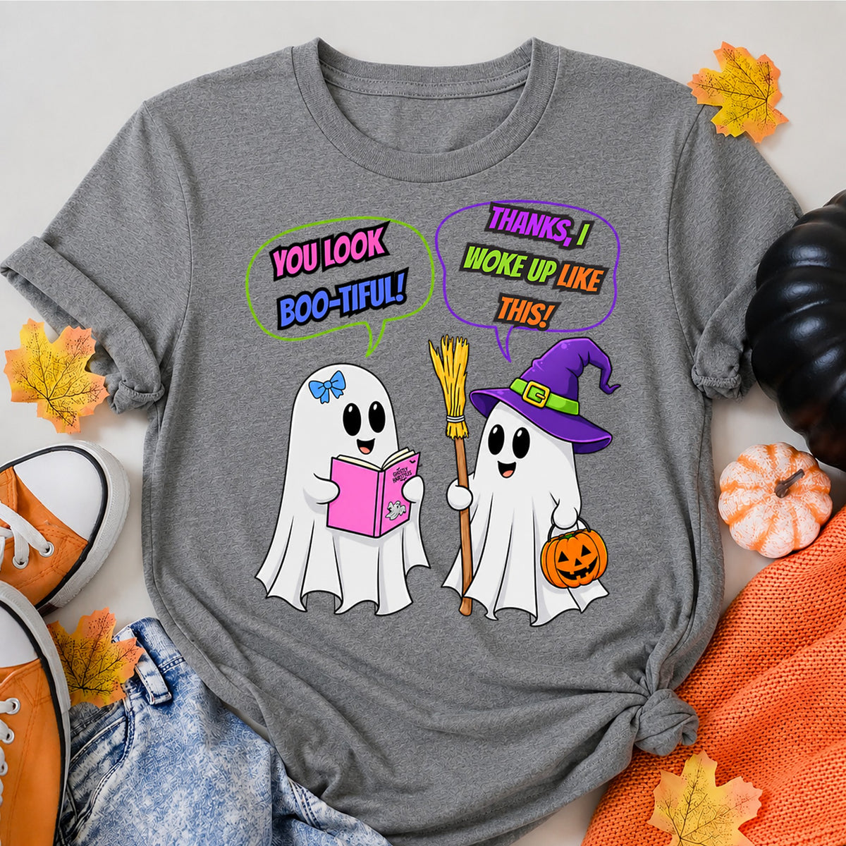 You Look Boo-Tiful Funny Ghost Conversation Halloween Shirt in Grey – alternate view