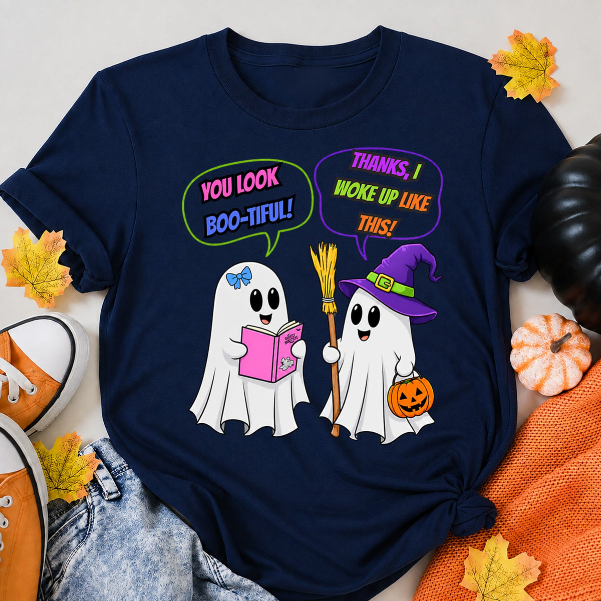 You Look Boo-Tiful Funny Ghost Conversation Halloween Shirt in Navy – alternate view