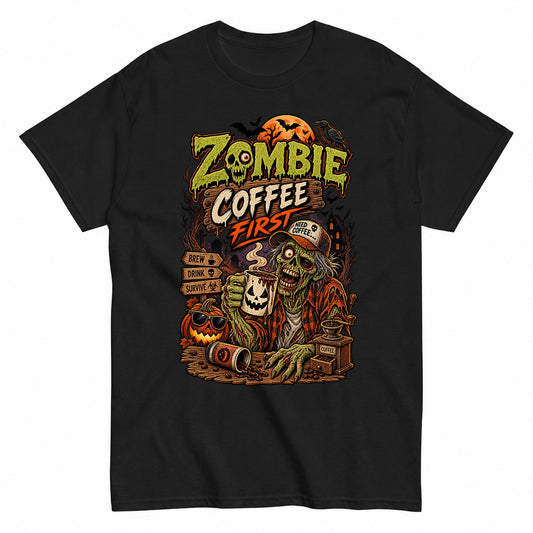 Zombie Coffee First Funny Halloween Coffee Lover Retro T-Shirt Halloween Shirt in Black – product view